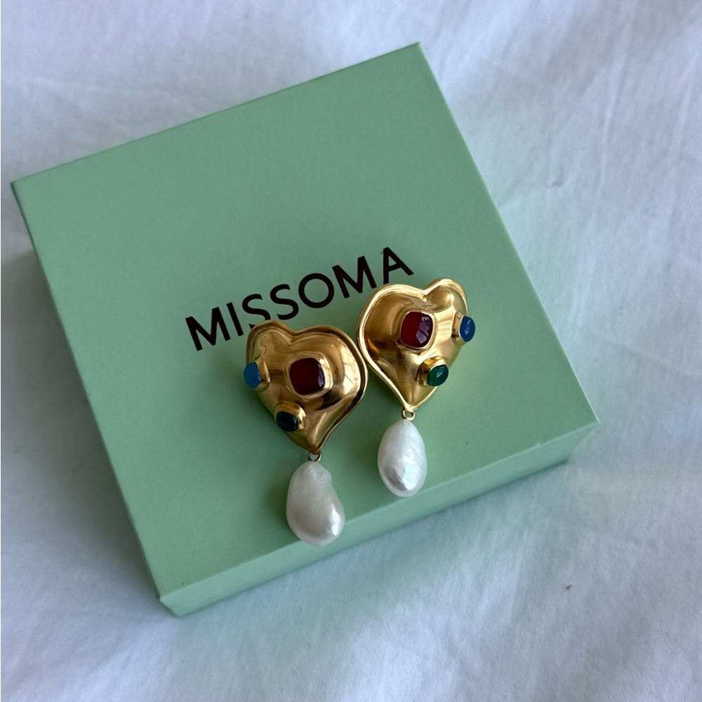 Missoma x Rouje Gold Heart Earrings with Pearl and Gem Accents